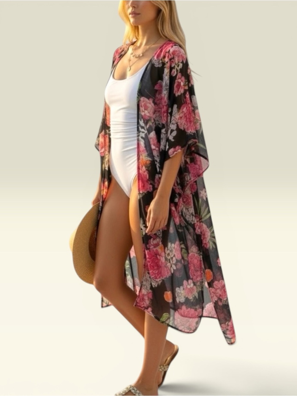 RACHEL Rachel Roy Floral Swim Kimono Cover Up Black Pink Sheer Resort Duster M
